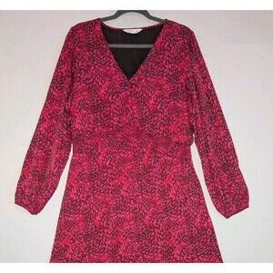 Nine West Long Puff Sleeve Maxi Dress Pink and Black Print Sz XL Tiered Lined